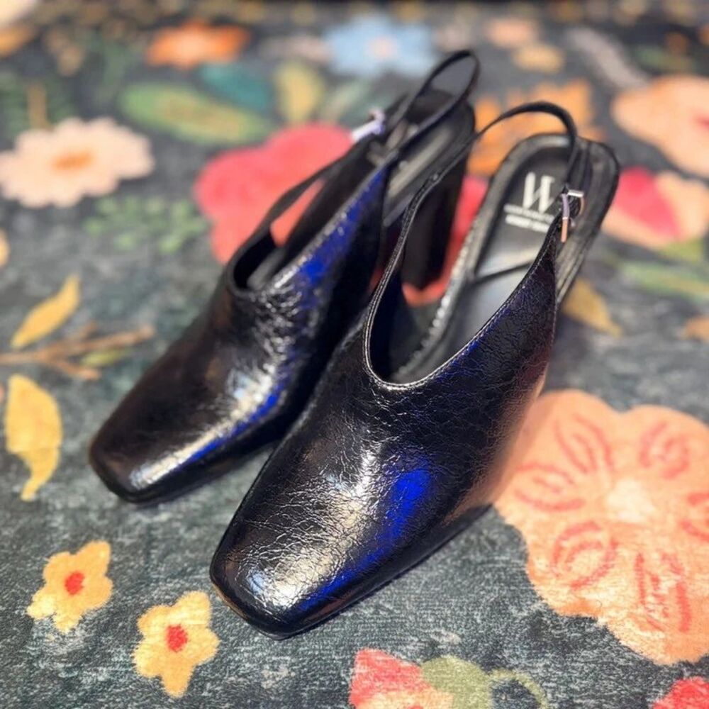 Worthington "Saranack" Black Crinkle Square Toe Slingback Block Heels - Size 8.5